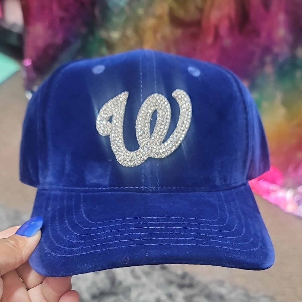 W- Navy Blue Velvet Cap with Rhinestone Logo